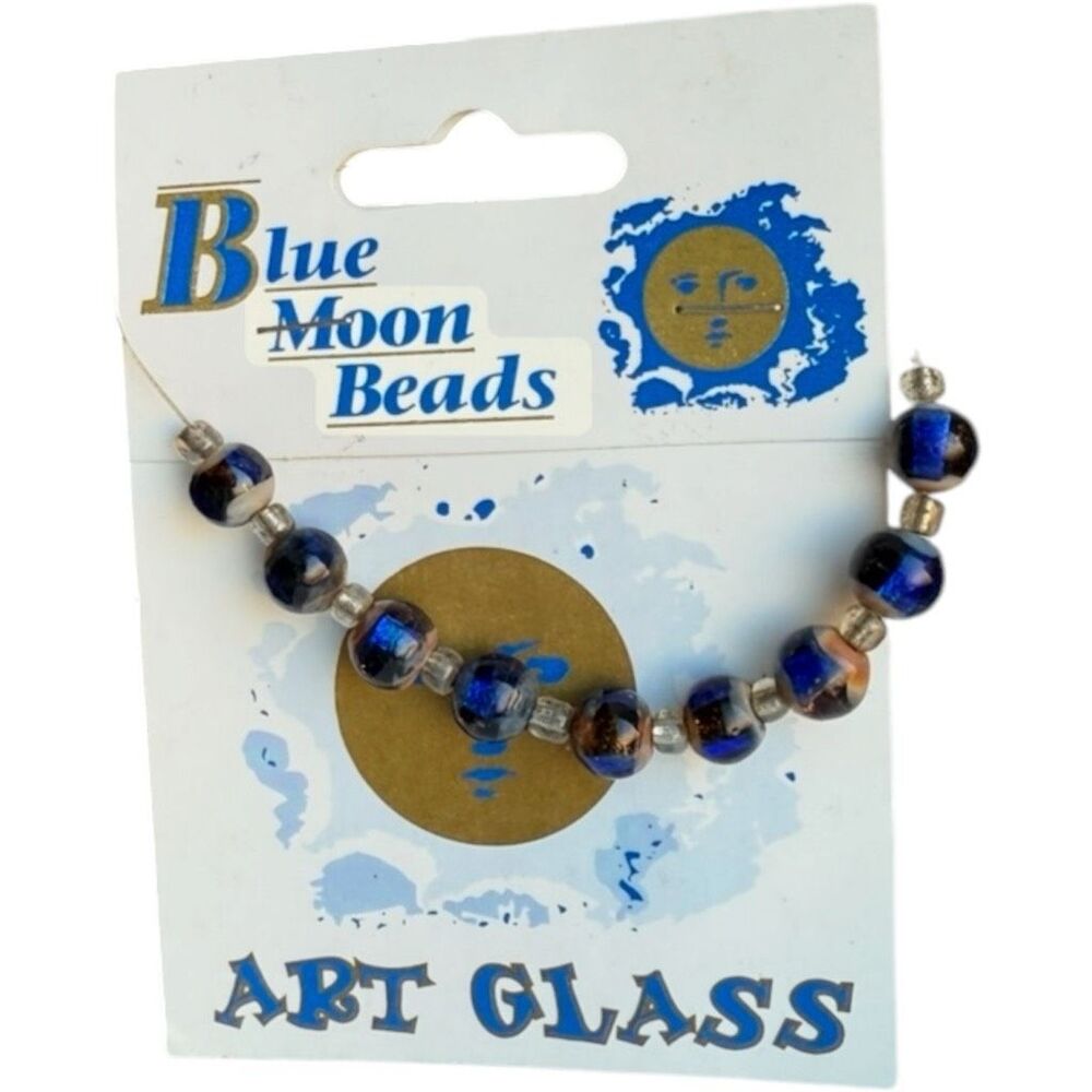 NWT Blue Moon Beads Art Glass Jewelry Making Round Blue Topaz Foil 9 Pc Beads
